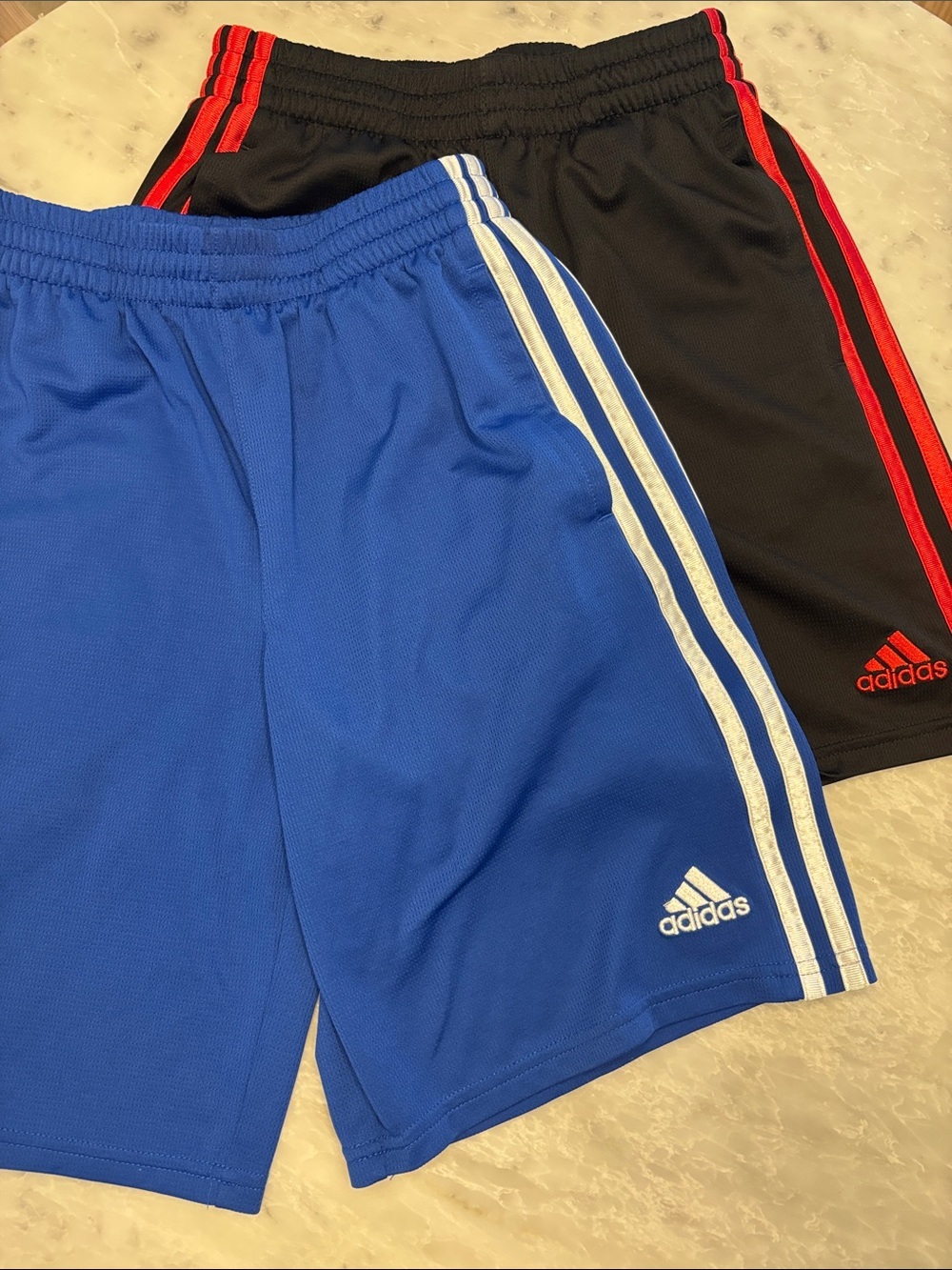 adidas Kids Athletic Shorts in Blue and Black with Red Accents